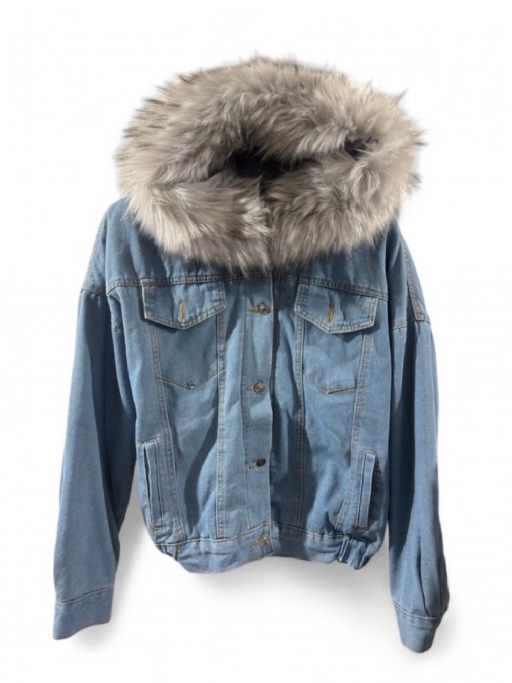 Women’s Fleece-Lined Hooded Denim Jacket with Removable Faux Fur Hood Size Large